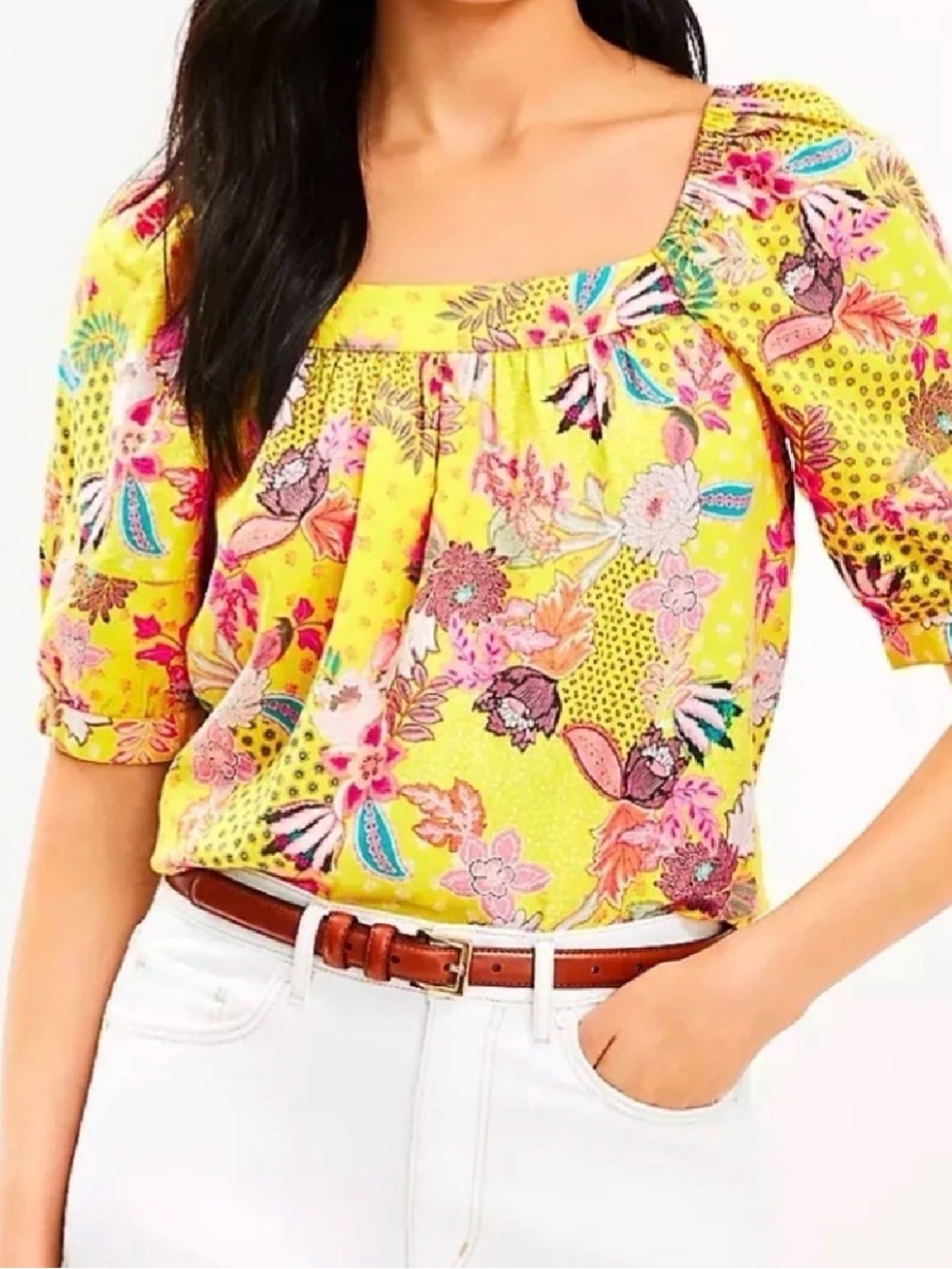 LOFT Yellow Floral Square-Neck Blouse